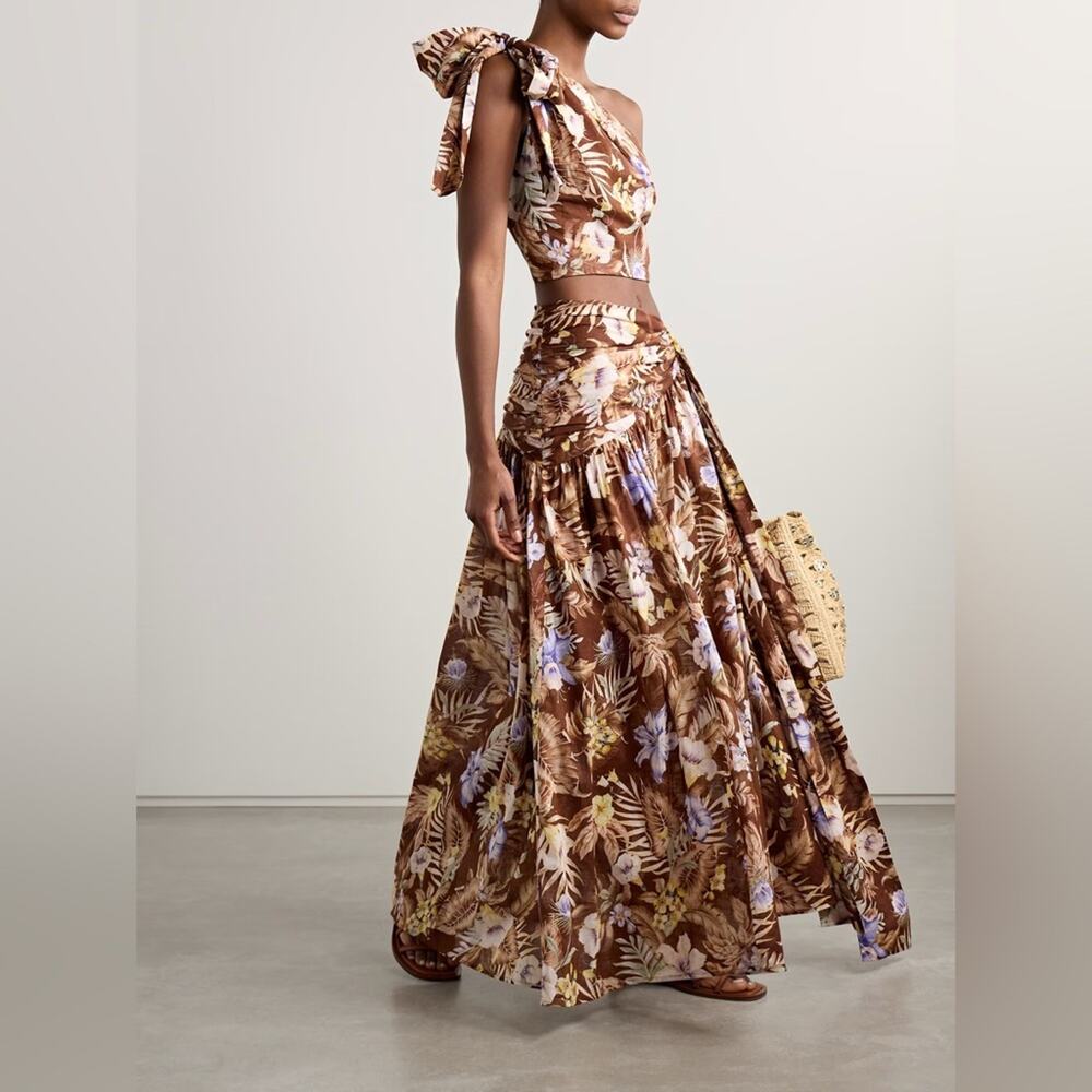 2 pc Set Zimmermann Coco Floral Maxi Skirt One Shoulder Pleated Bow Matching